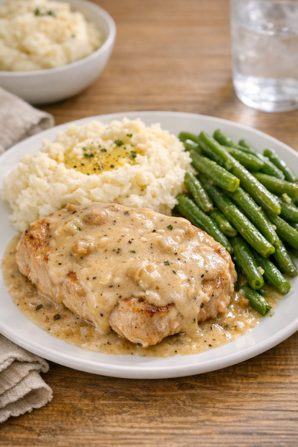 Finished slow cooker pork chops plated with gravy