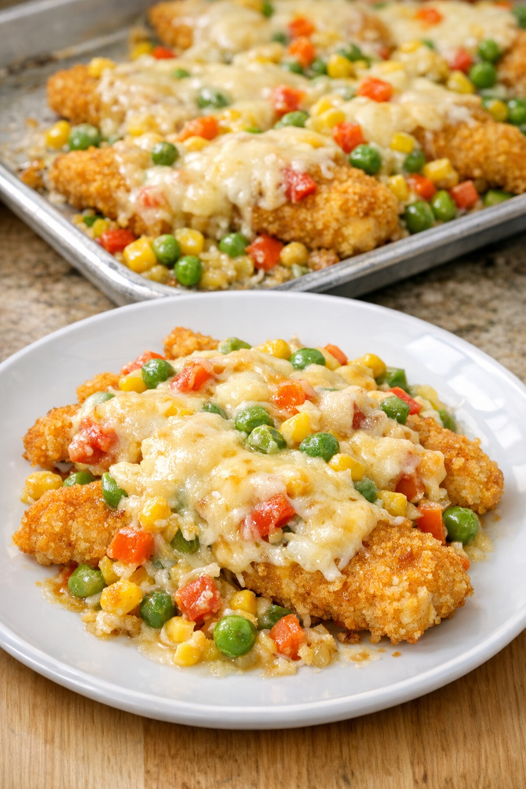 Finished plated breaded chicken bake with creamy vegetables