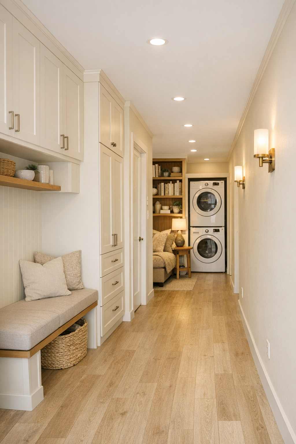 Bright hallway and utility nook with built-in storage in warm neutrals