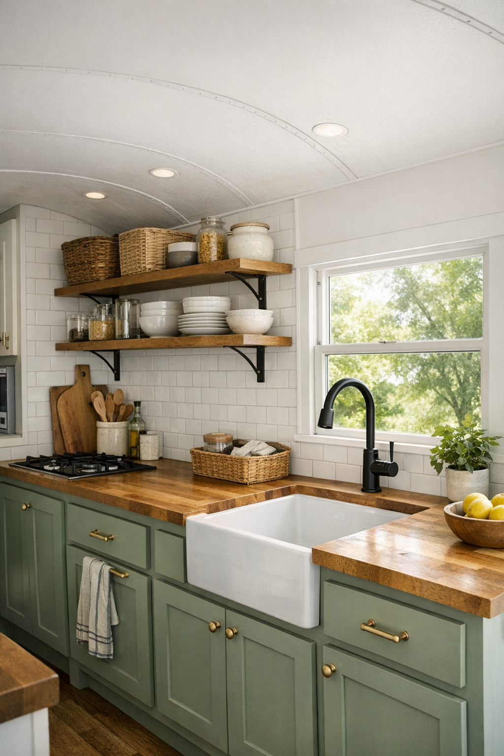 Galley kitchen in a converted bus with sage cabinetry and butcher block counters