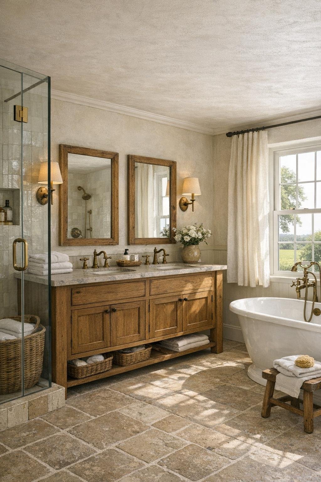 Inviting farmhouse bathroom with an oak vanity, limestone tile, and a freestanding tub