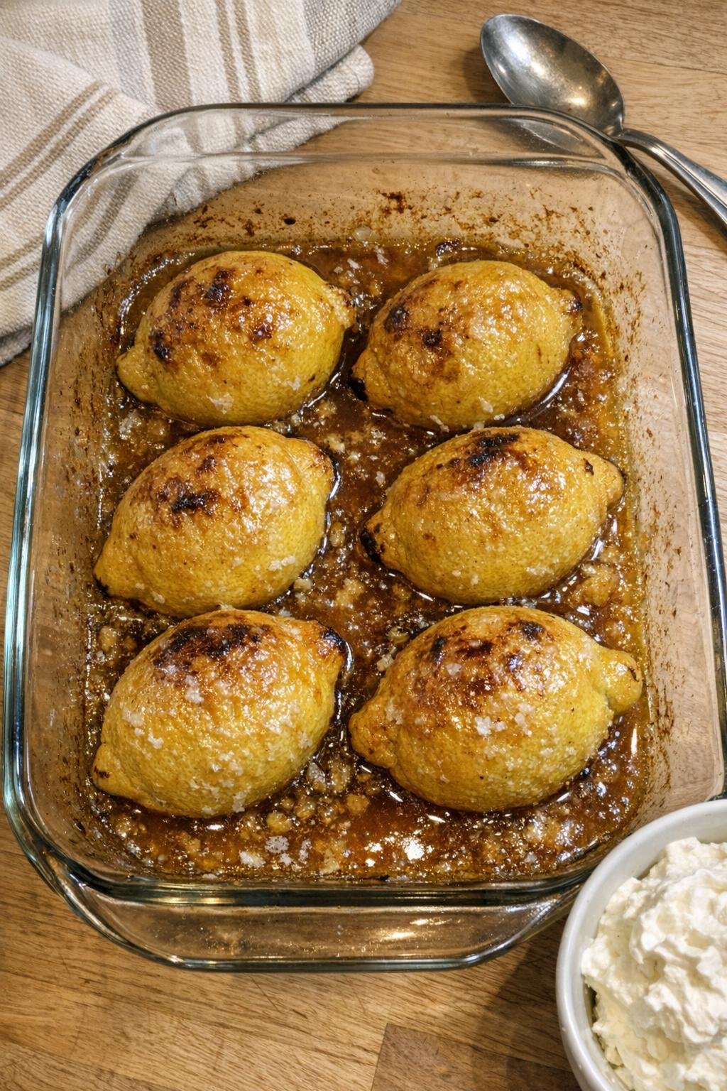 Finished baked lemon dessert in a glass baking dish