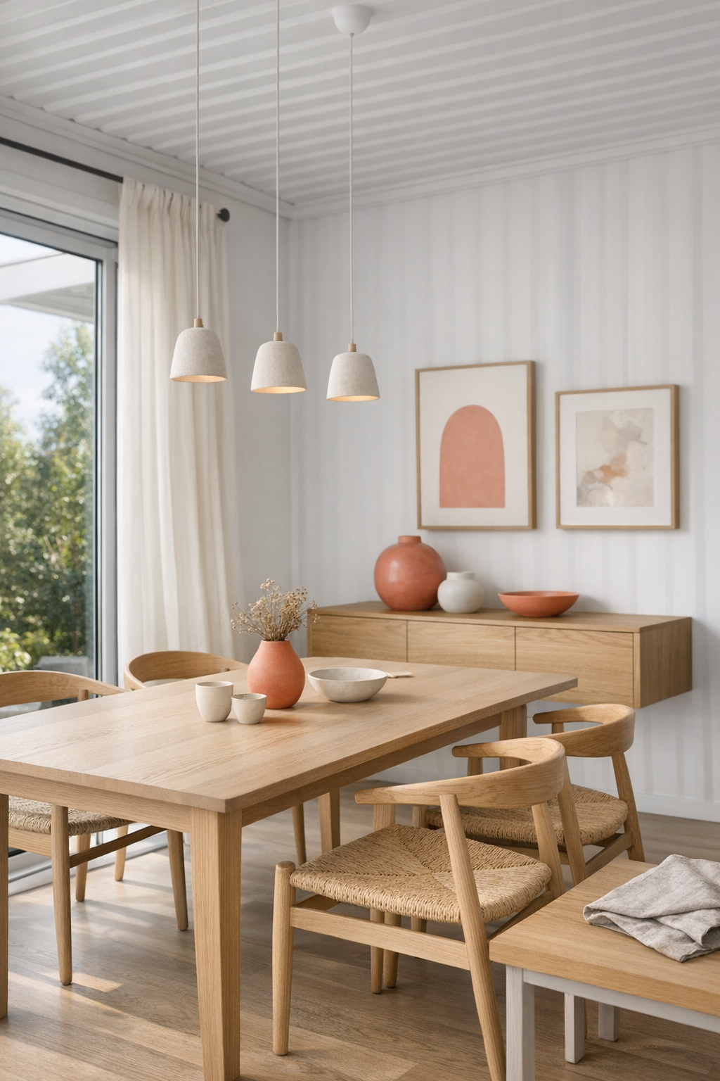 Dining room with white oak table, curved chairs, plaster pendants, and muted coral accents