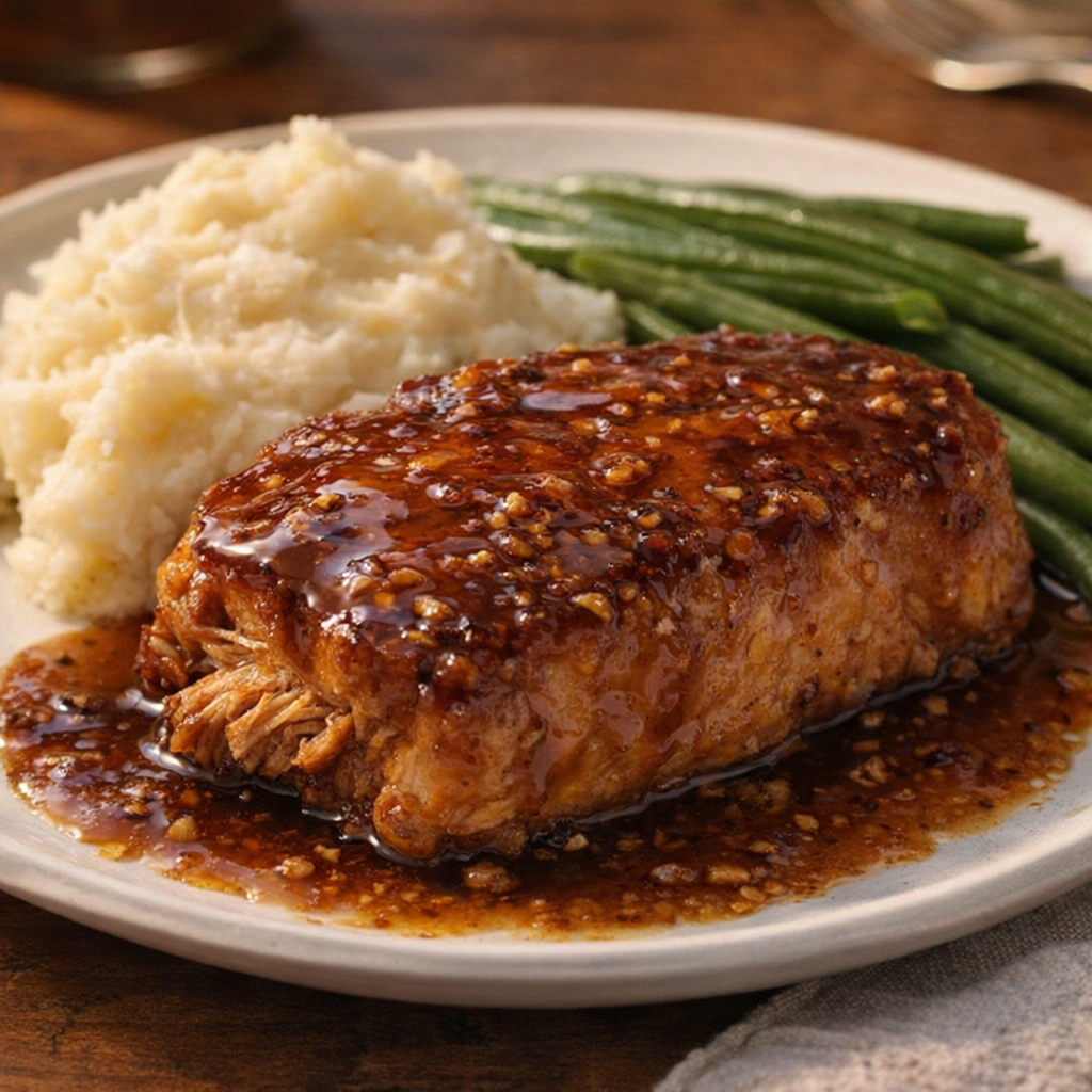 Finished honey garlic pork chop plated with mashed potatoes