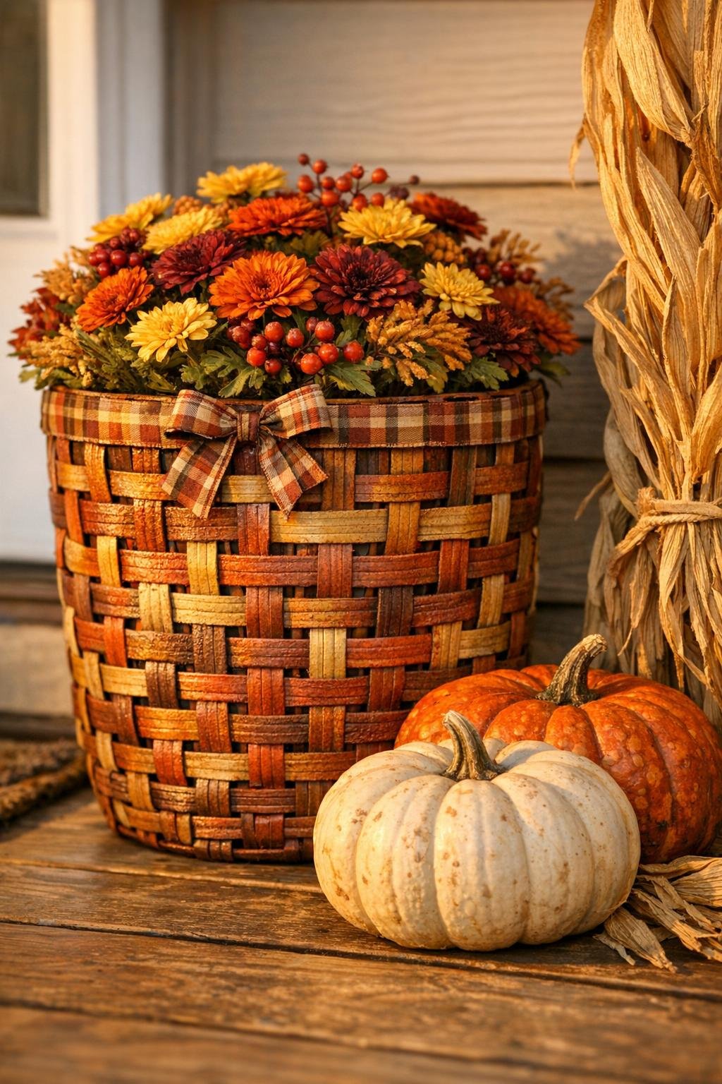 Finished woven harvest basket planter on a porch with fall plants