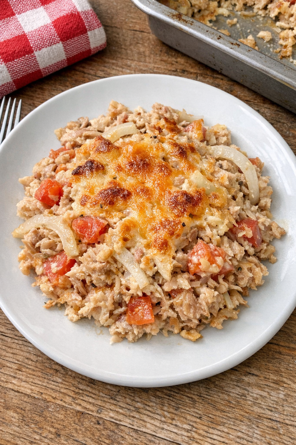 Baked flaked tuna in a roasting pan