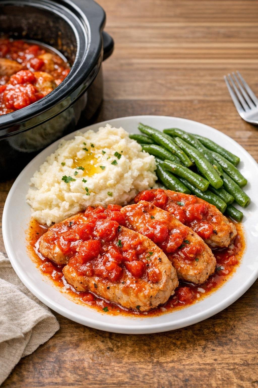 Finished slow cooker pork cutlets plated with sauce
