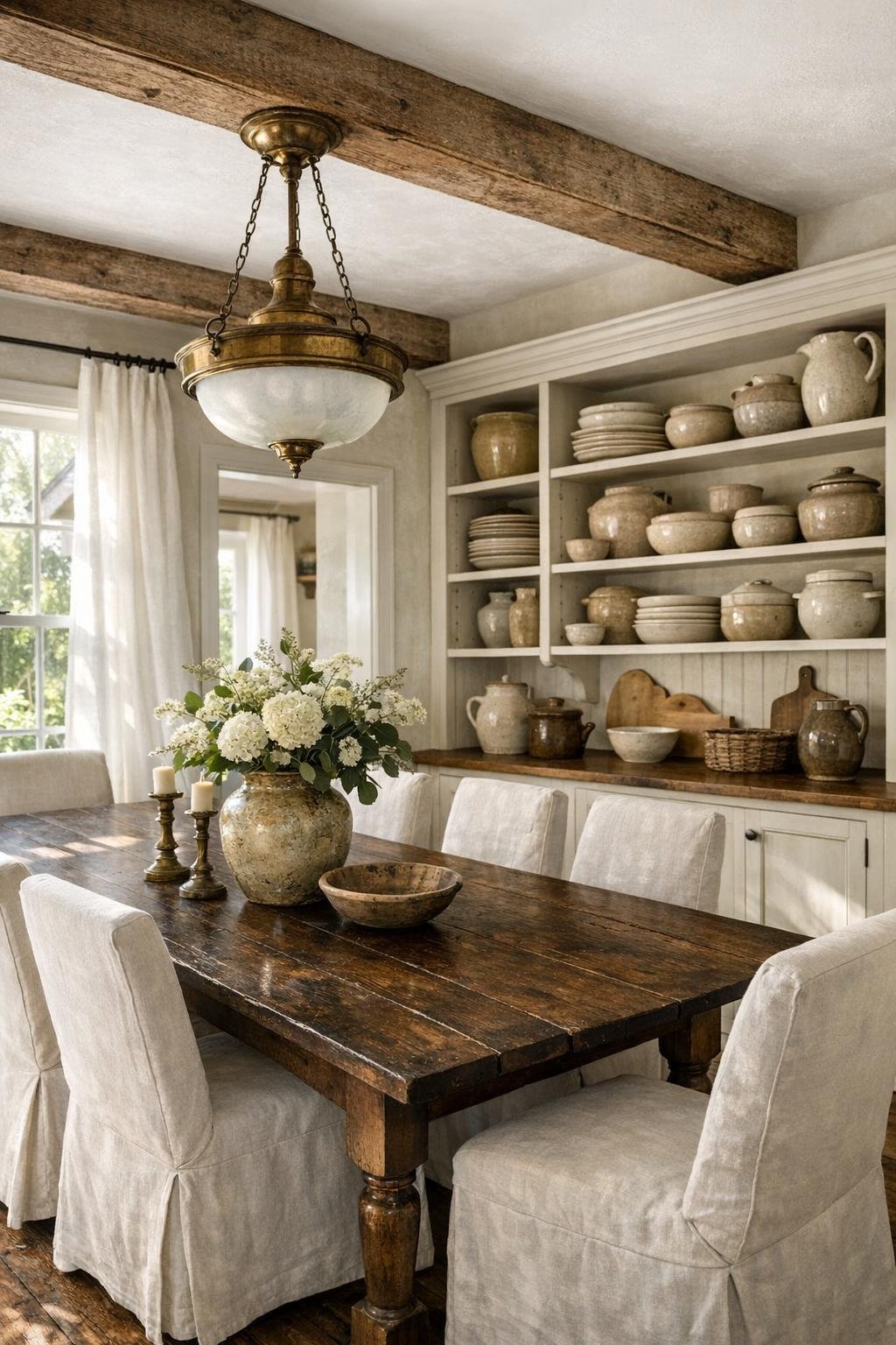Cozy dining room with a dark wood table, slipcovered chairs, and built-in hutch