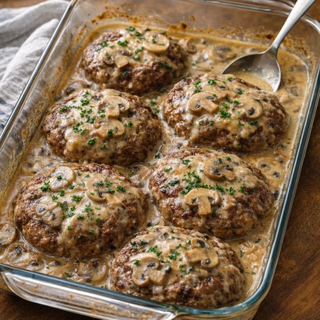 Baked poor man's steak patties in creamy mushroom gravy in a glass dish