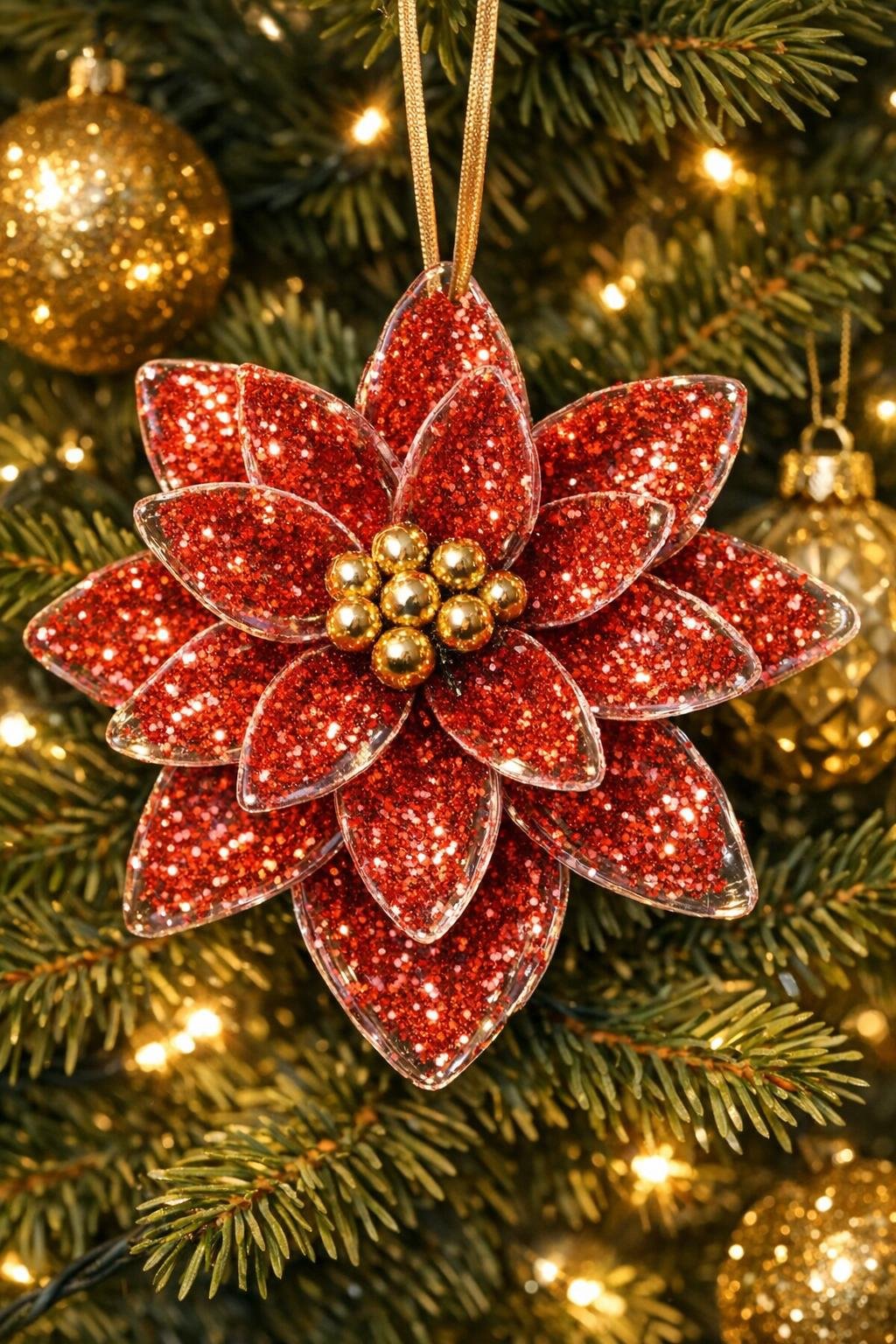Finished red glitter poinsettia ornament made from clear plastic spoons hanging on a holiday tree