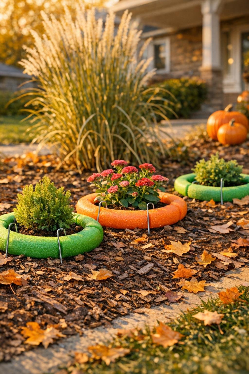 Finished colorful root zone insulating collars installed around plants in a fall garden bed