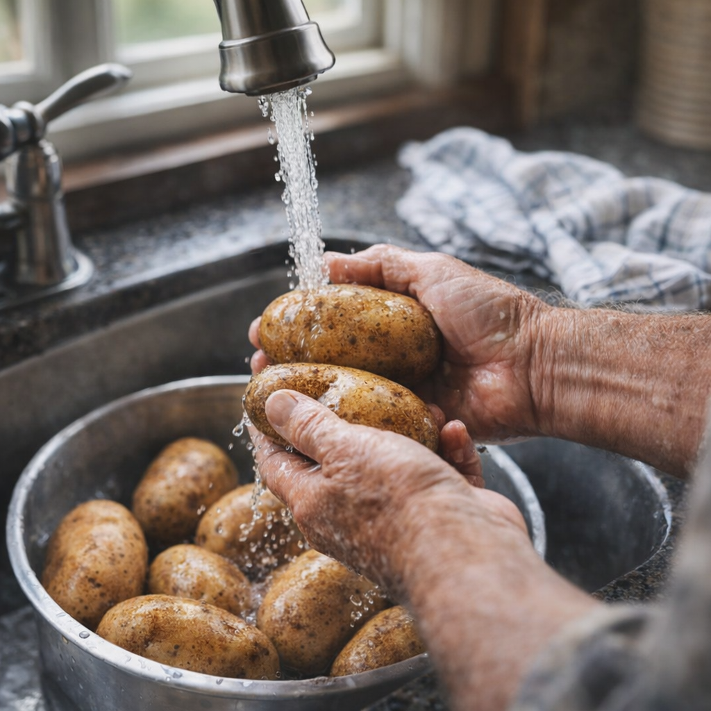 Raw potatoes and ingredients laid out for the recipe