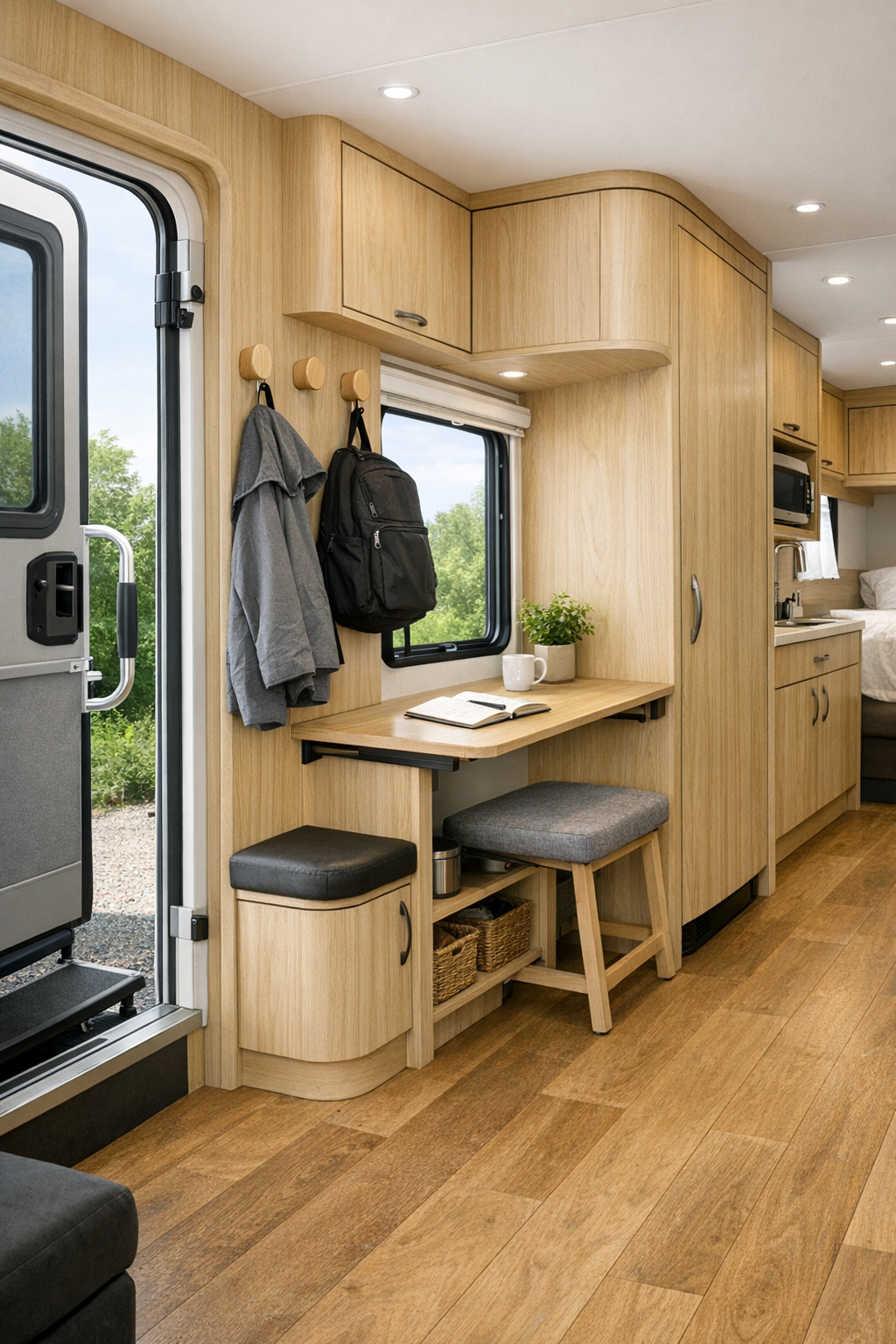 RV entry and multipurpose nook with built-in storage, continuous flooring, and window desk