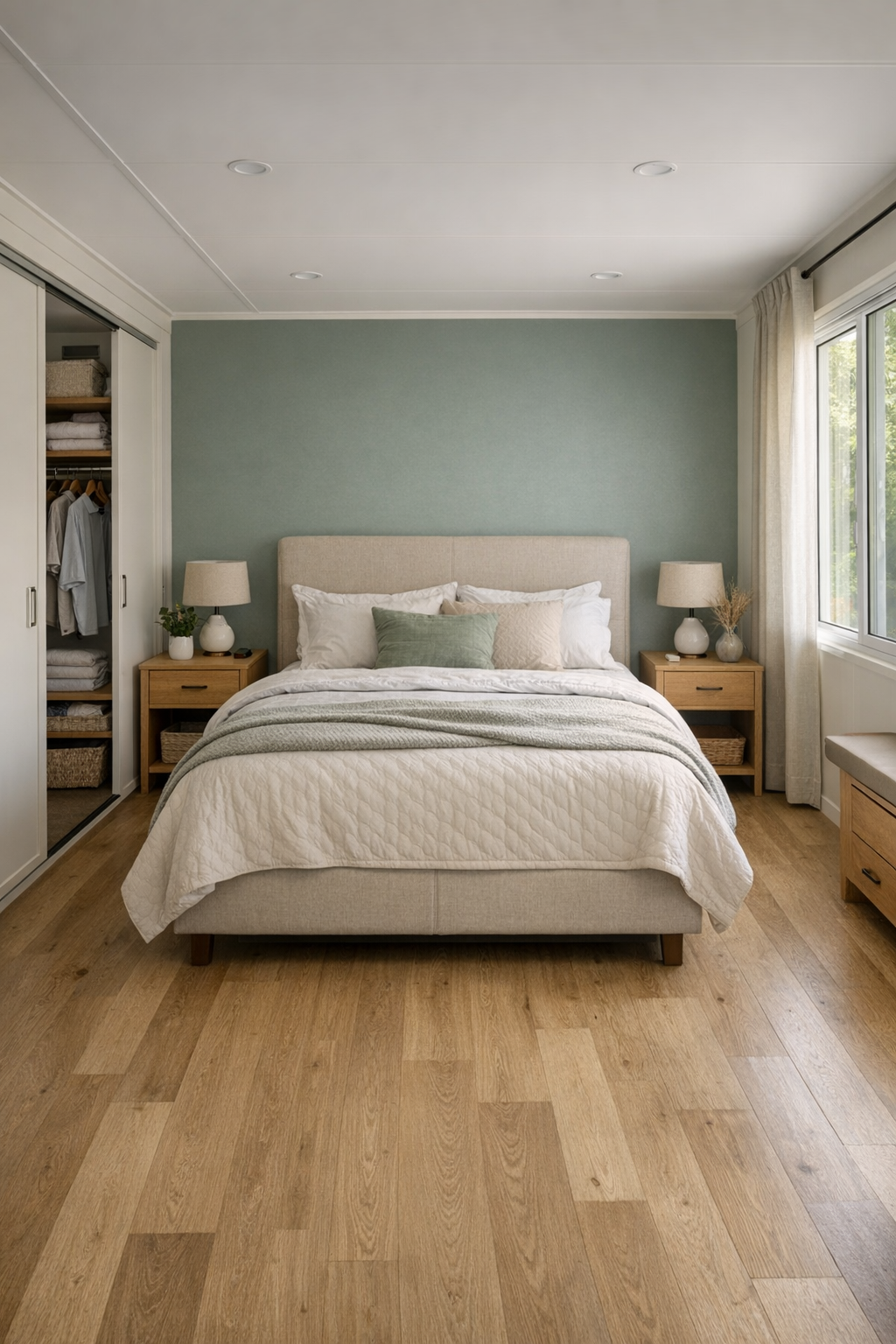 Calm bedroom with upholstered bed, oak nightstands, soft green-gray accents, and layered textiles