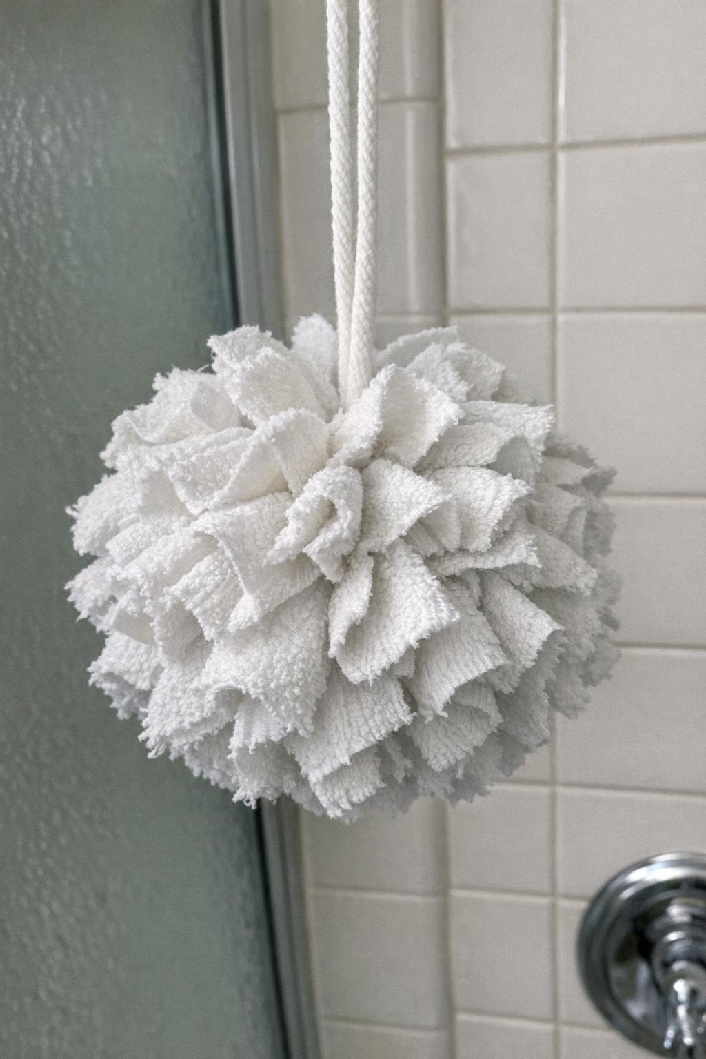 Bath pouf made from gathered towel strips
