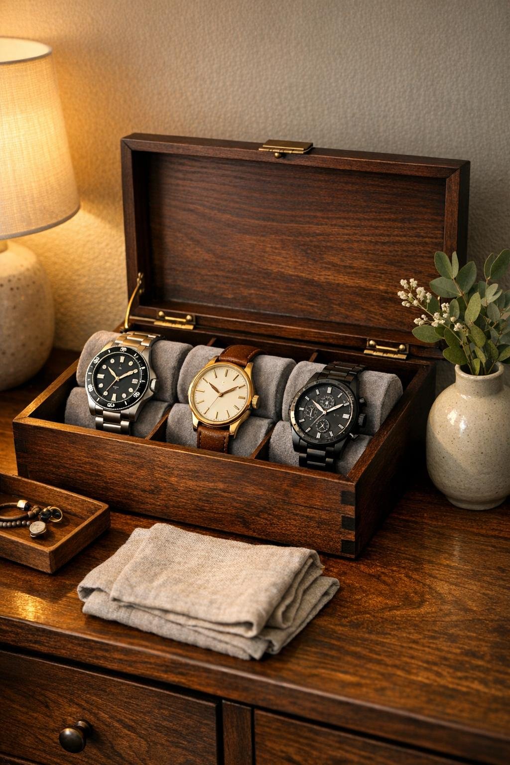 Finished gray velvet ribbon watch display inside a dark wooden tea box in a bedroom