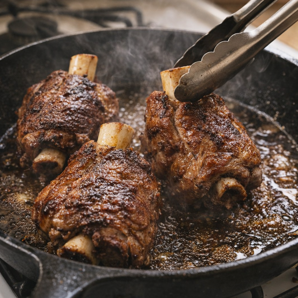 Pork shanks browning in a skillet