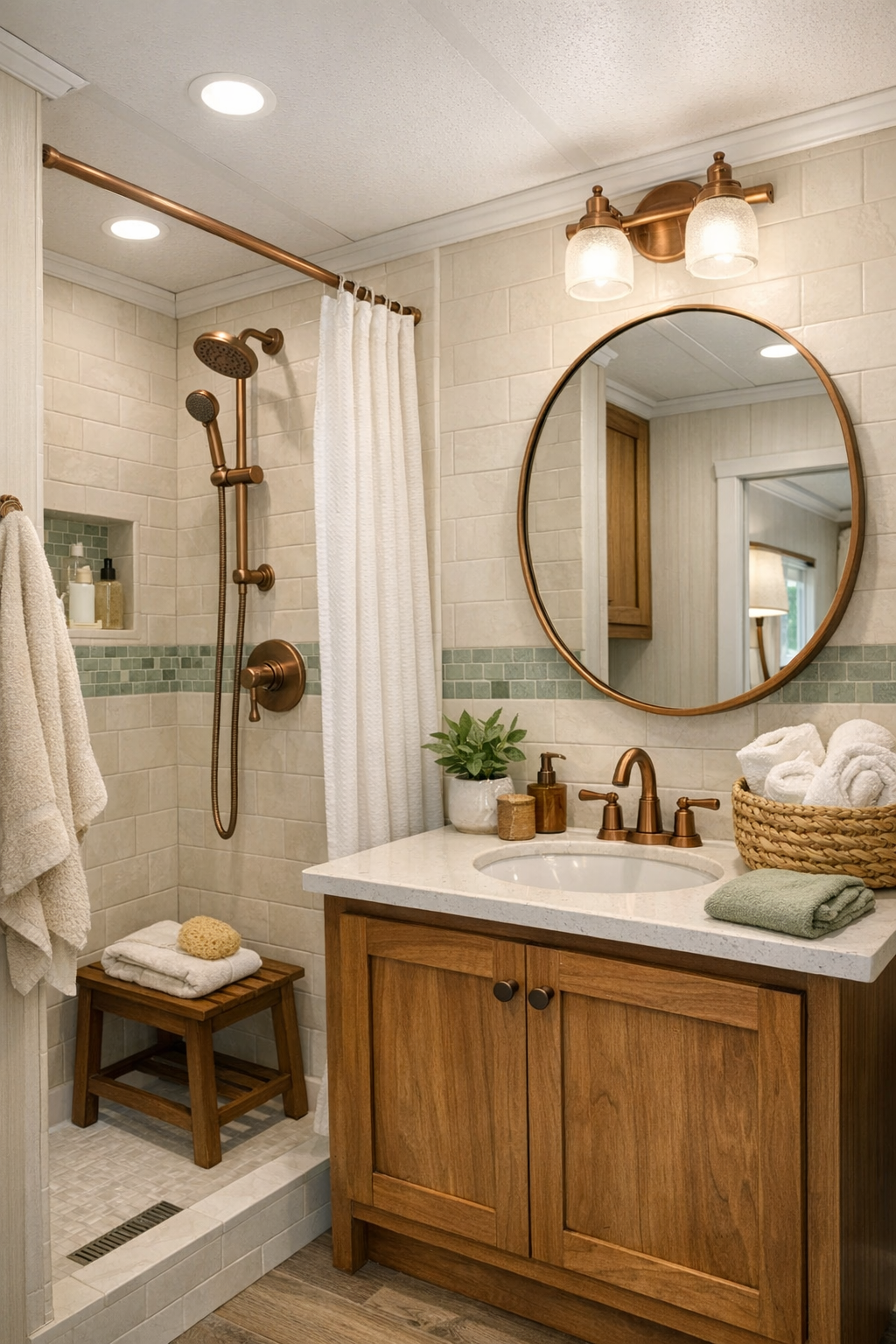 Bright compact bathroom with tiled shower, wood vanity, and copper-toned fixtures