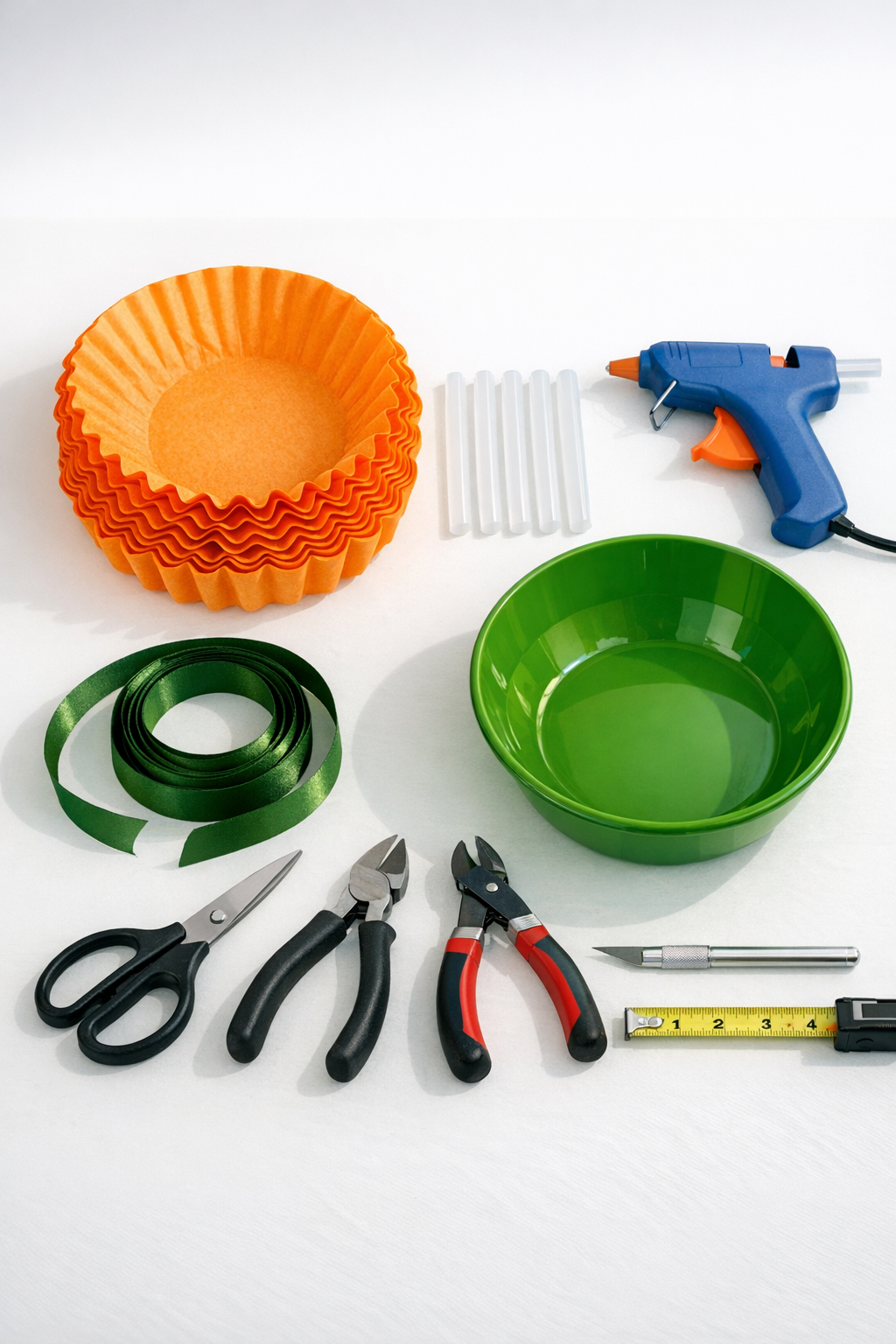 Materials for a giant paper coffee filter marigold door hanger