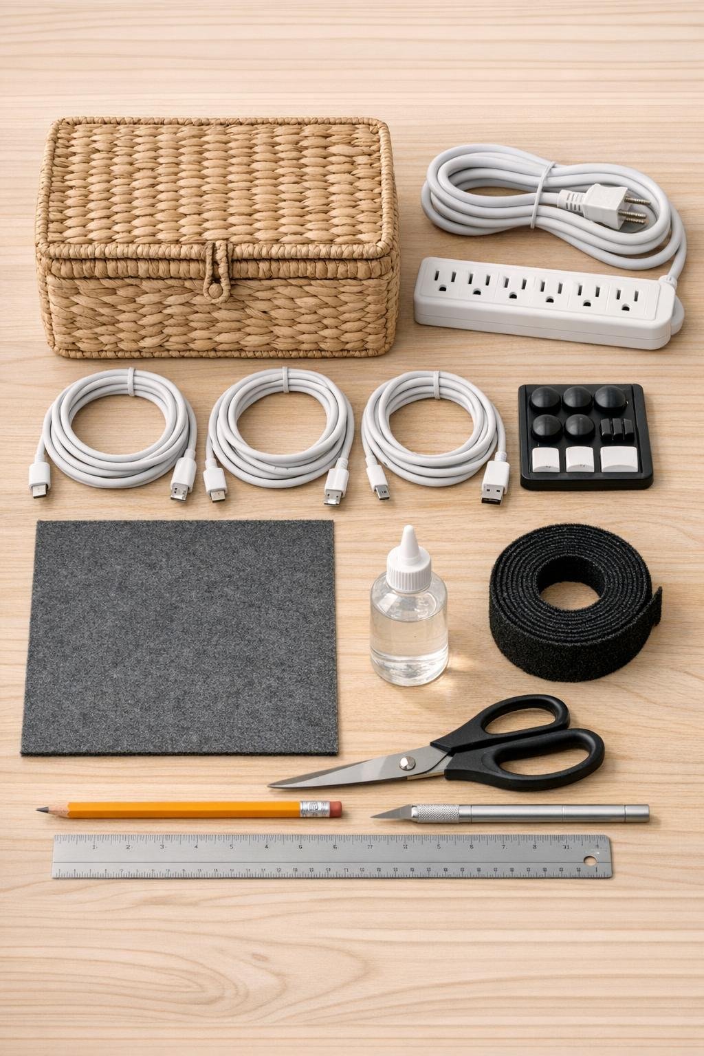 Materials for a basket charging station laid out together