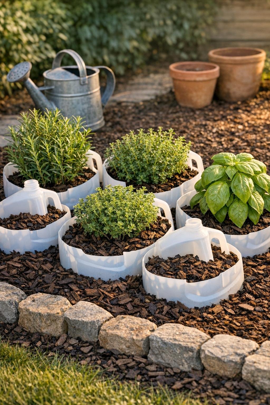 Finished herb bed with milk jug root zone insulators