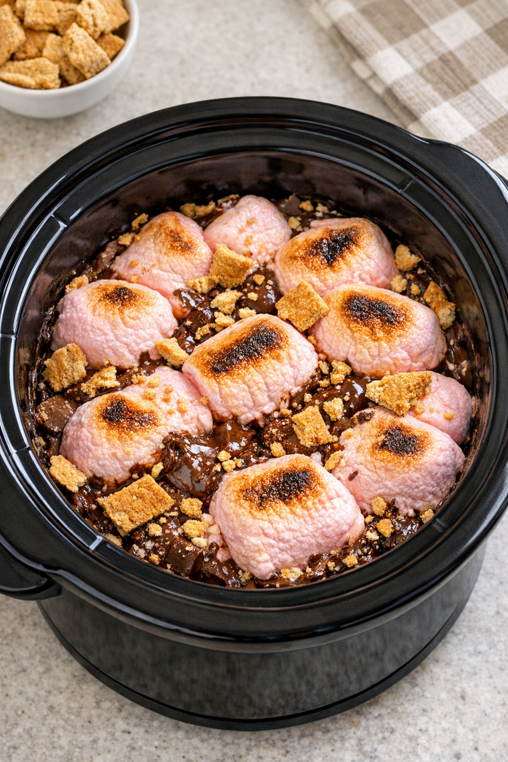 Finished slow cooker s'mores dessert in a crock with graham cracker topping