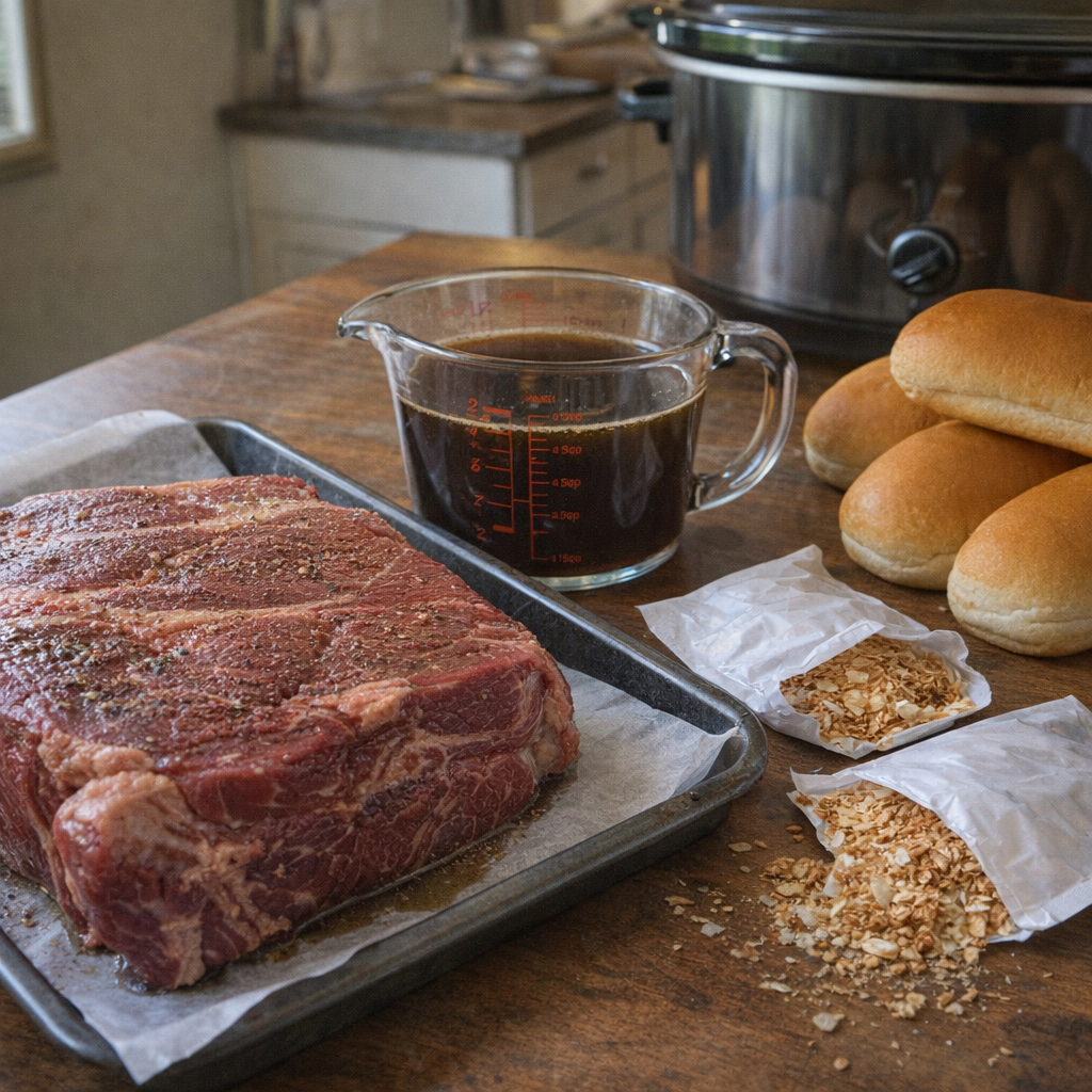 Simple French dip ingredients on a kitchen counter