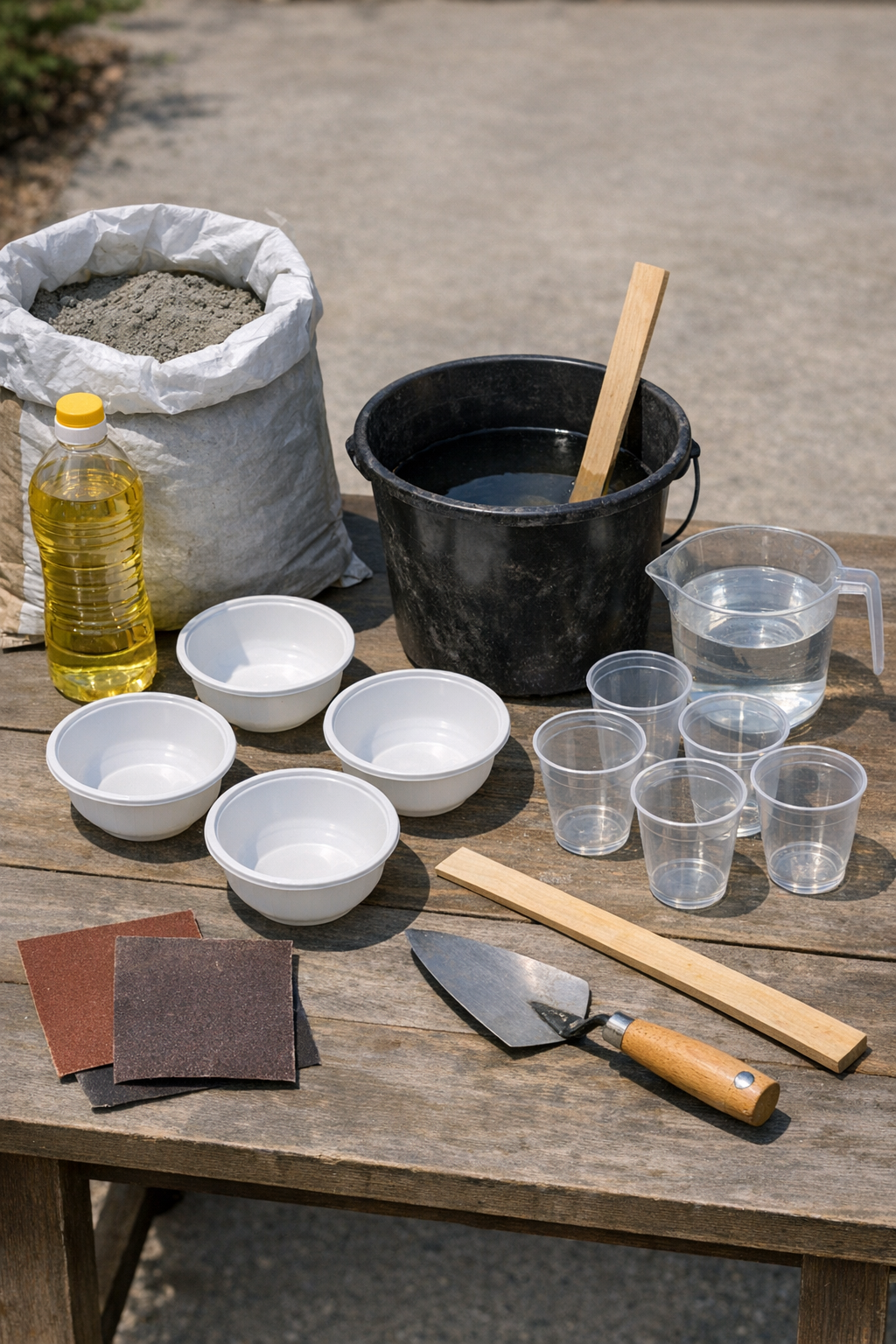Materials for making cement garden mushrooms laid out on a work table