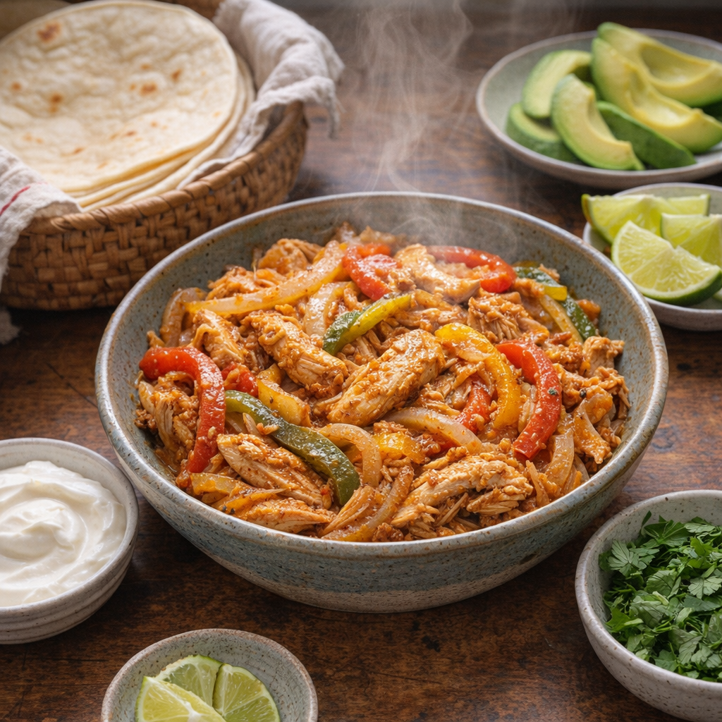 Slow cooker chicken fajitas served with warm tortillas and toppings