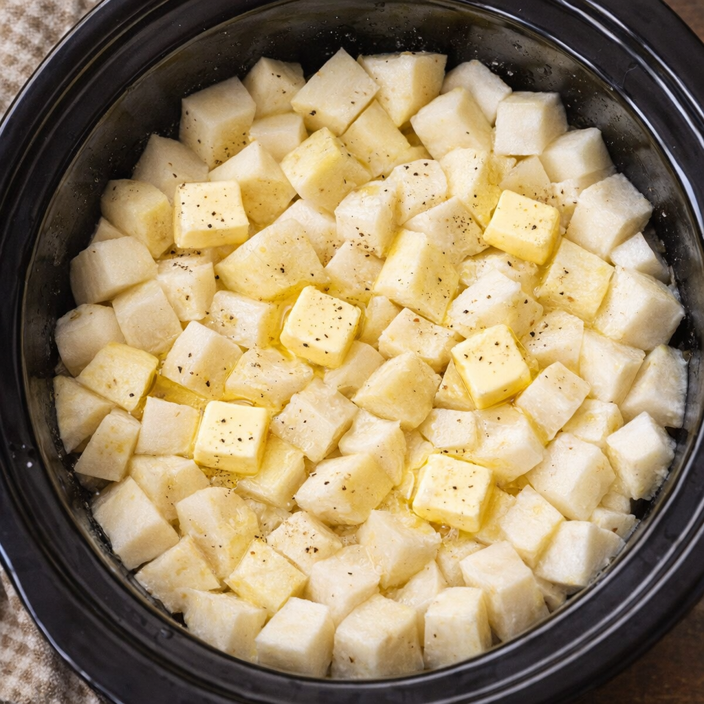 Slow cooker filled with chunks of potatoes and turnips