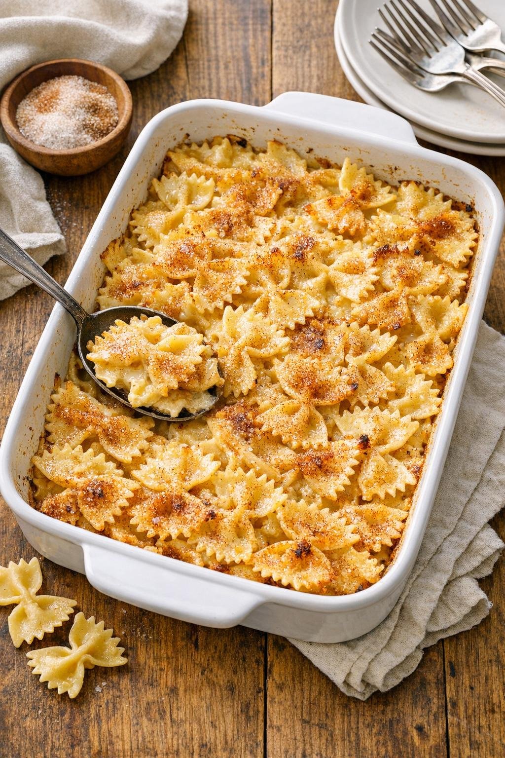 Finished baked farfalle dessert in a rustic casserole dish