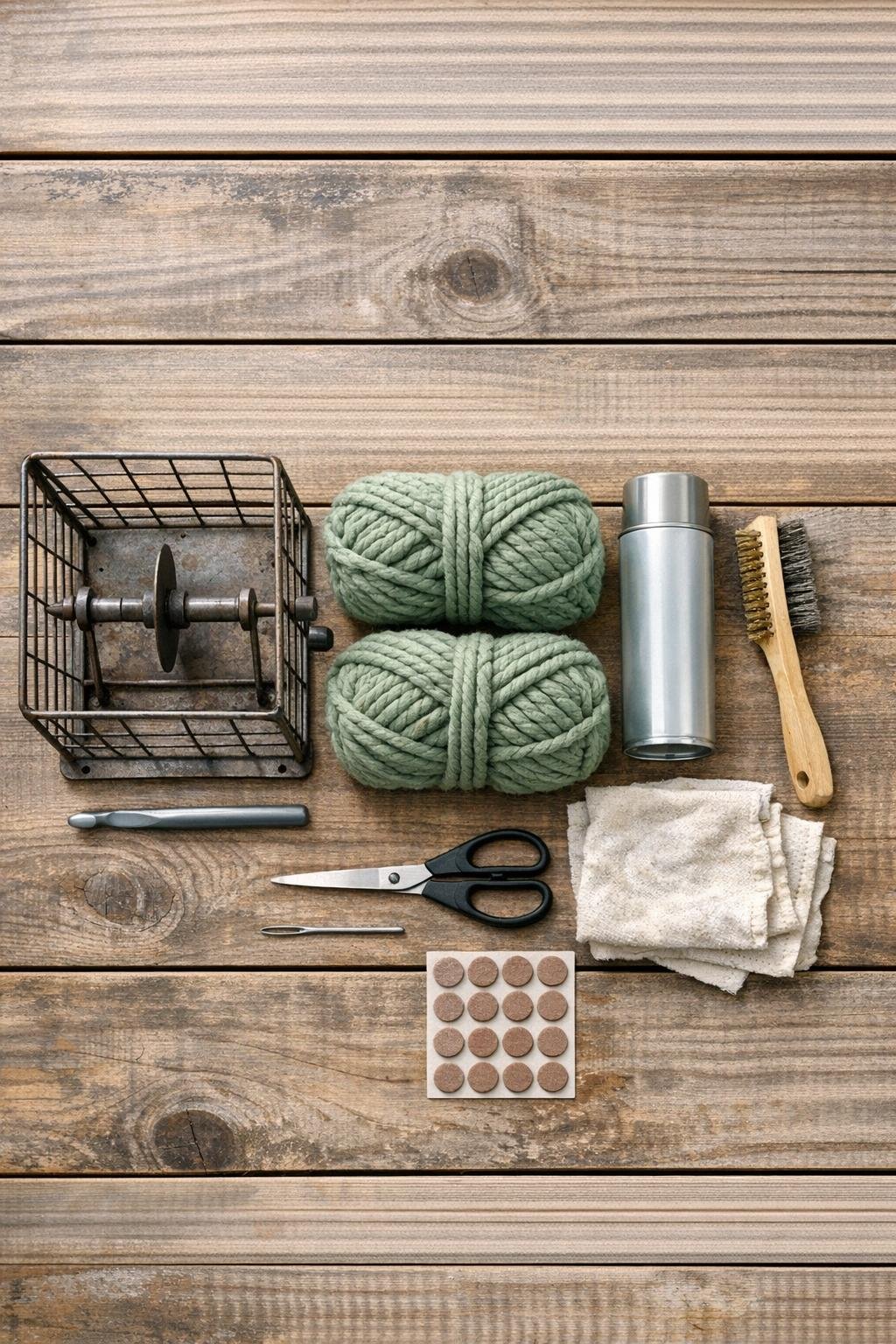 Materials laid out for a crochet wire basket project
