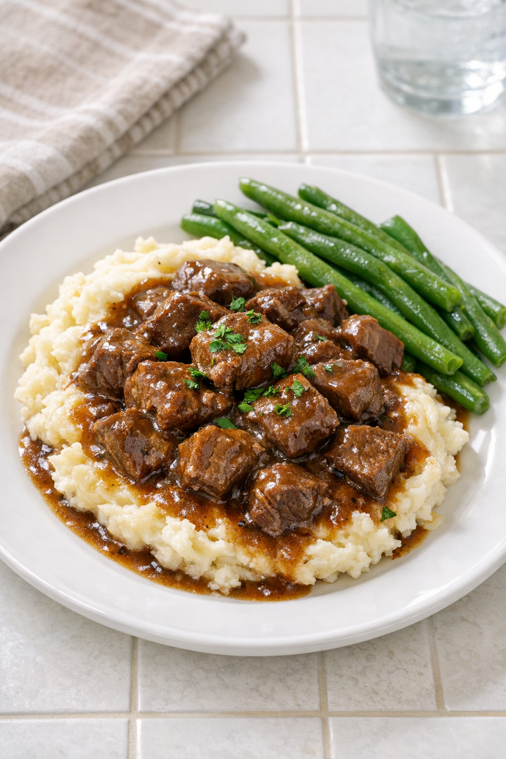 Finished plate of slow cooker beef tips with gravy over mashed potatoes