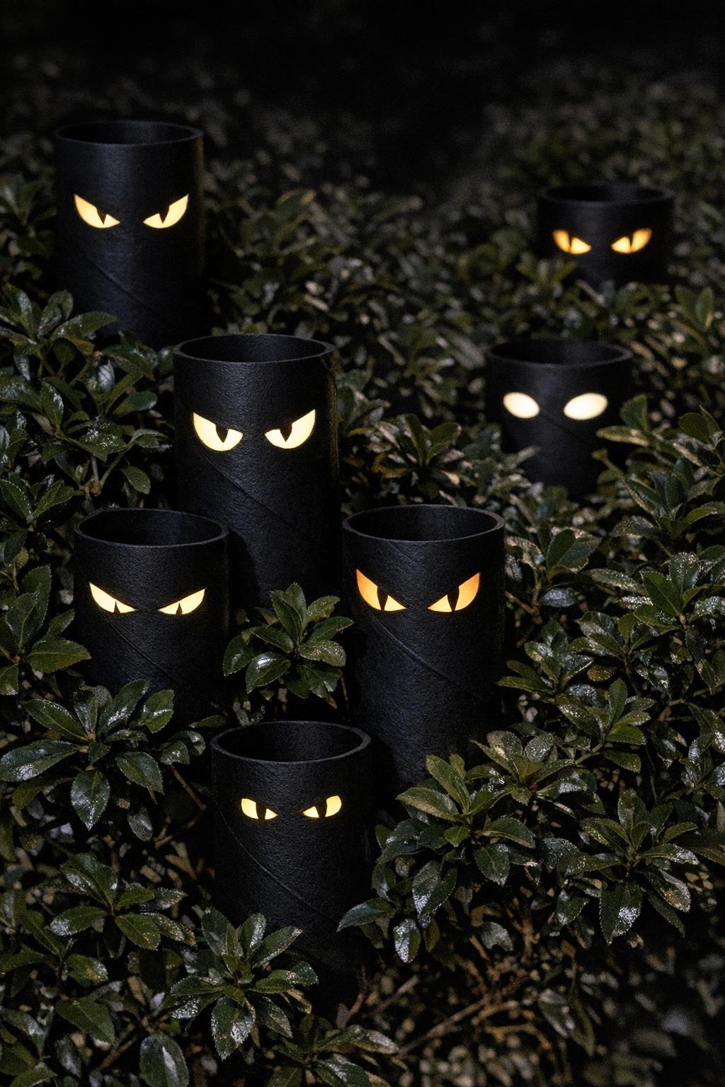 Black toilet paper roll glowing eyes hidden in outdoor bushes at night