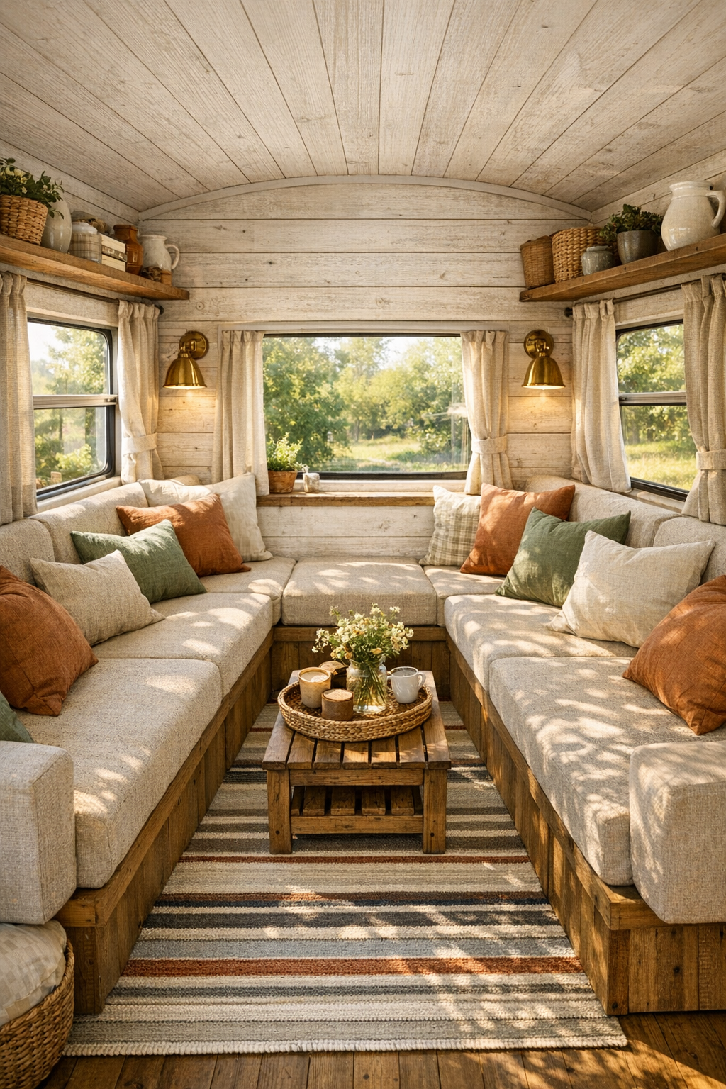 Bright built-in bus living room with oatmeal bench seating and soft summer textiles