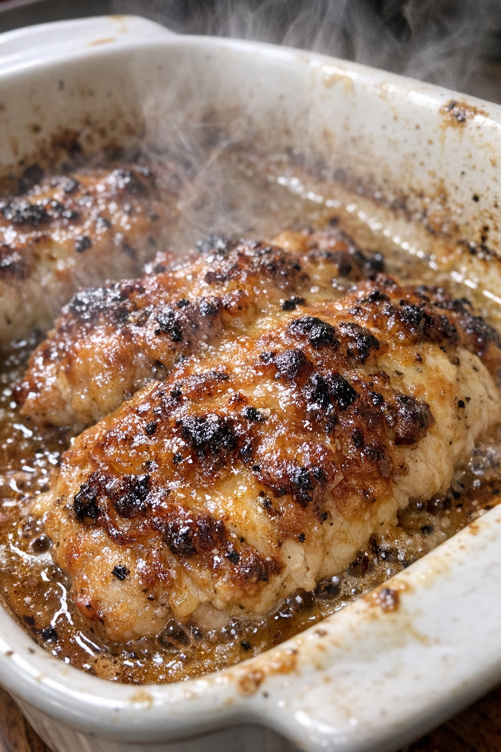Roasted chicken cutlets under a bubbling caramelized crust in a ceramic baking dish