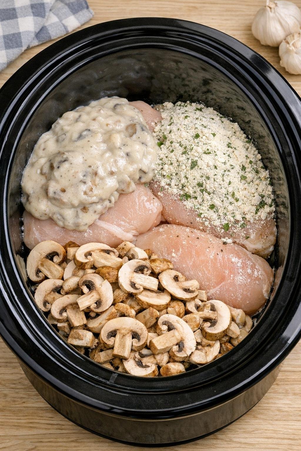 Slowcooker gevuld met kip, soep en champignons vóór het koken.