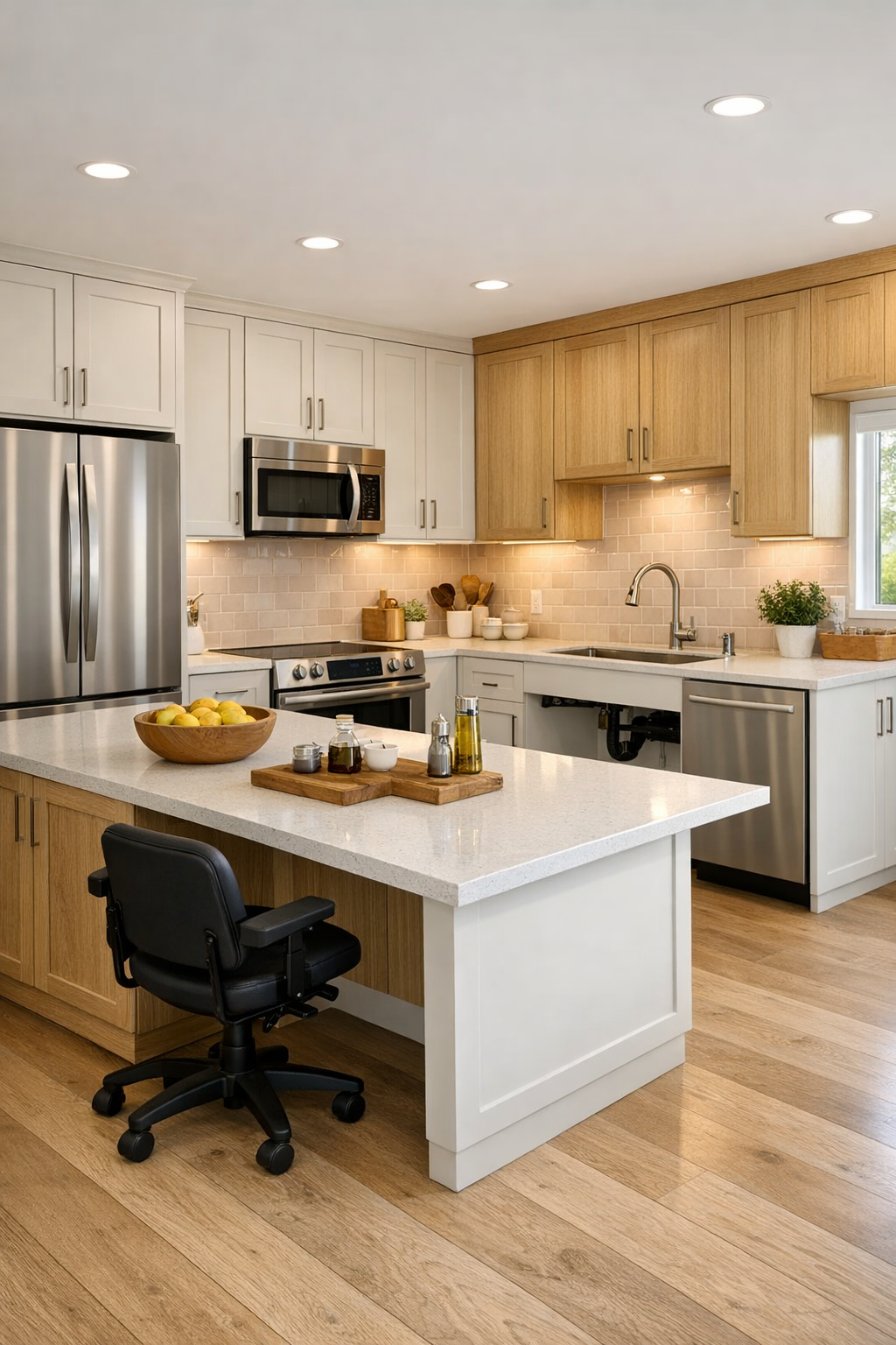 Accessible modern kitchen with warm neutral cabinetry, pale quartz counters, and a large island