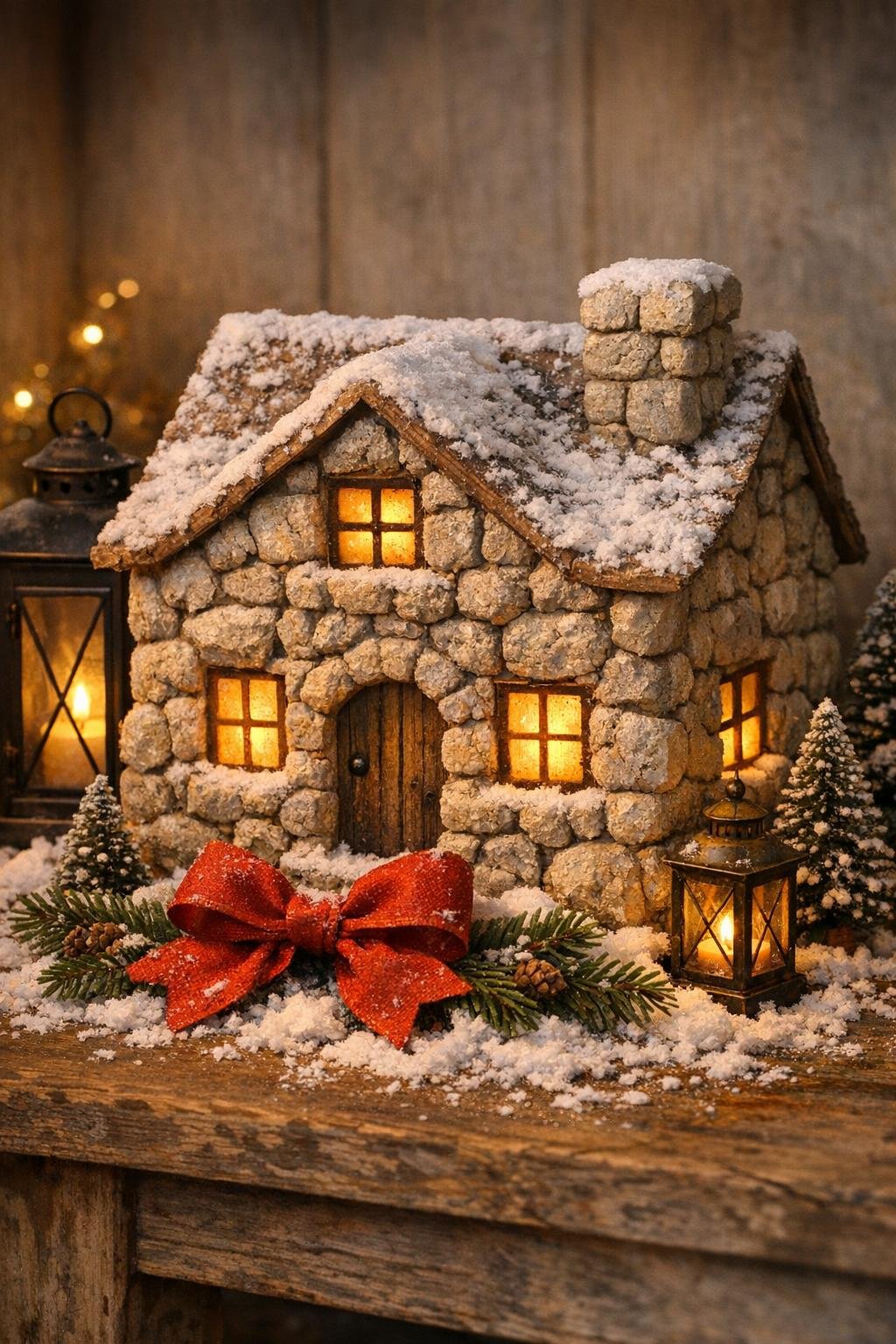 Finished glowing stone Christmas cottage on a decorated hearth