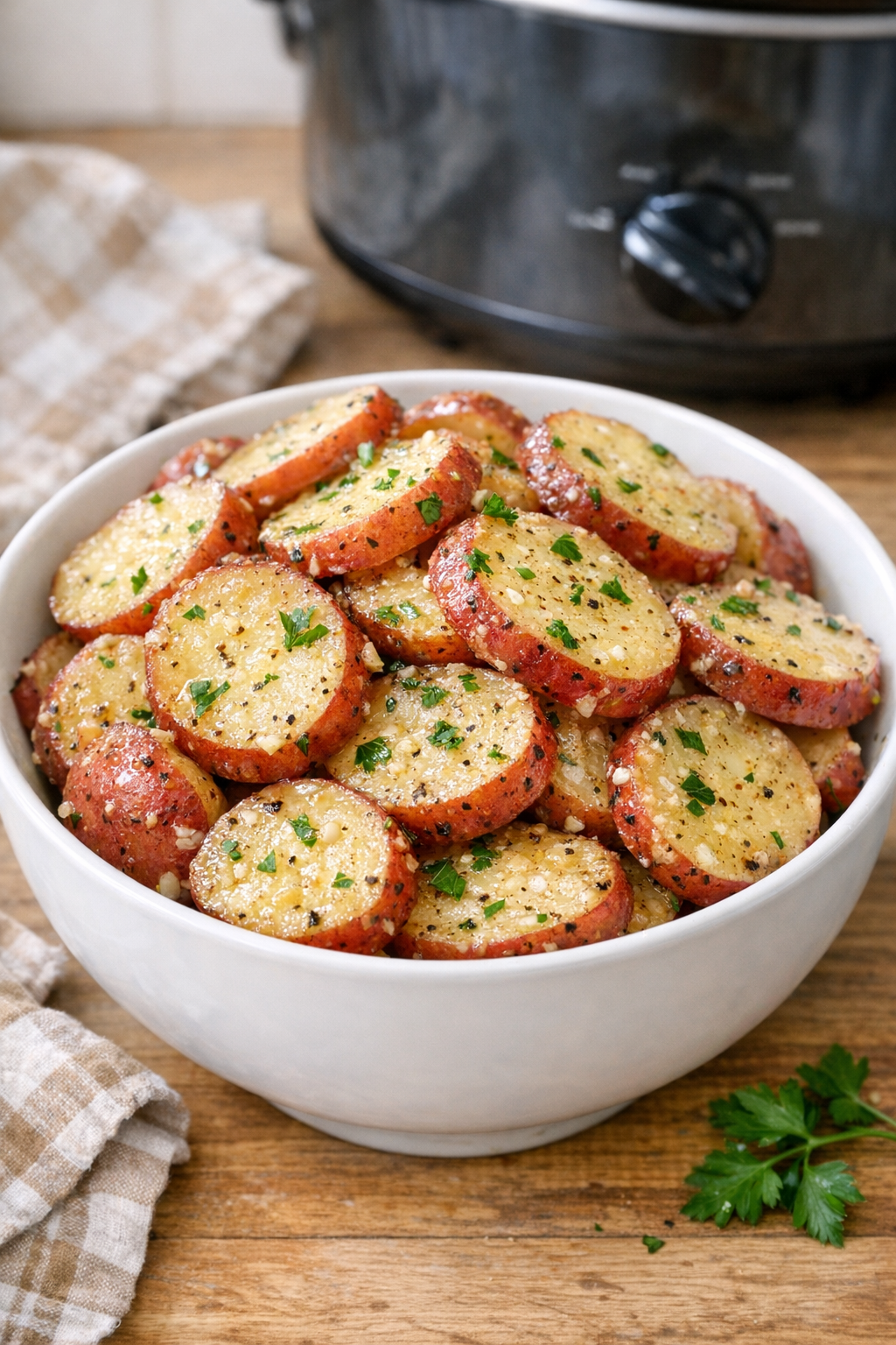 Finished slow cooker red potatoes in a serving bowl