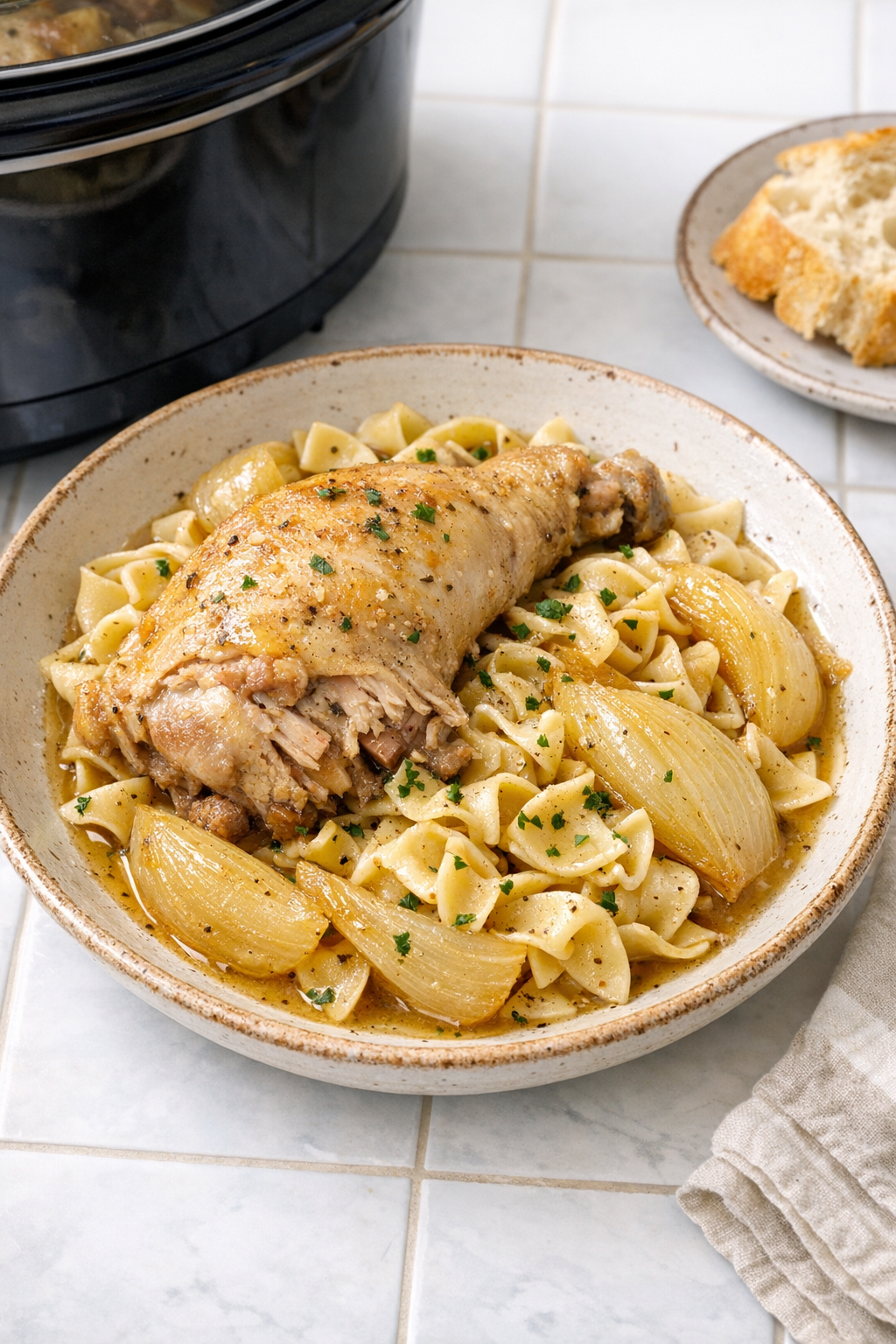 Finished Amish yellow onion chicken pasta plated in a rustic bowl