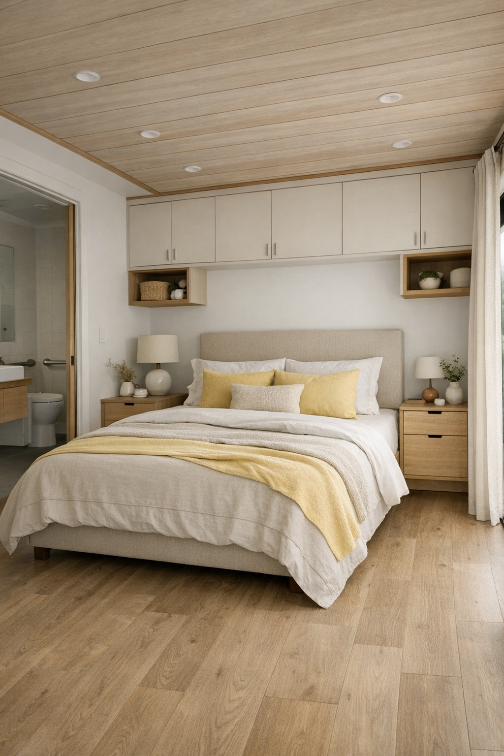 Serene bedroom with neutral bedding, soft yellow accents, and simple built-in storage