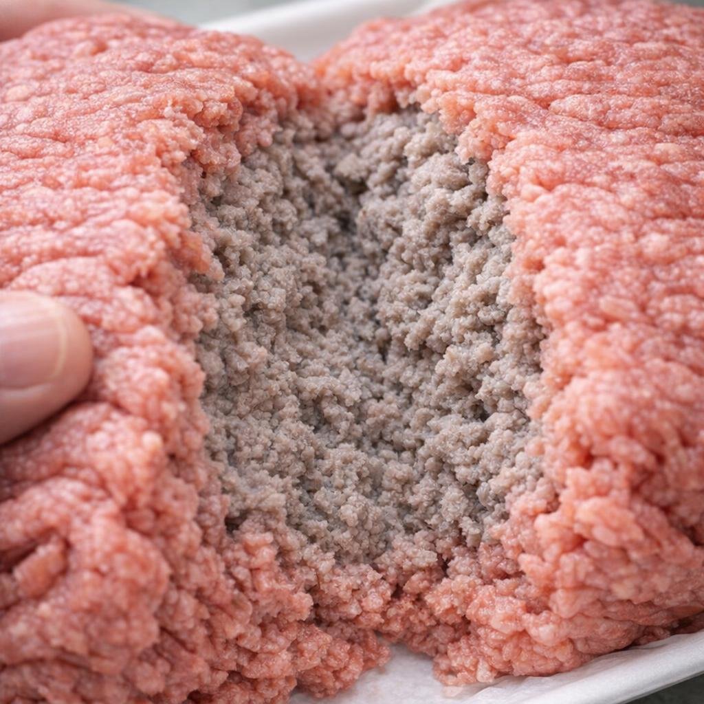 Close view of ground beef strands showing different red and grey tones