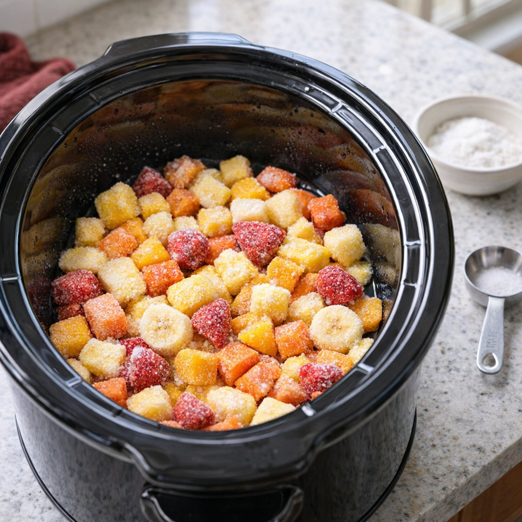 Slow cooker filled with frozen tropical fruit on a kitchen counter
