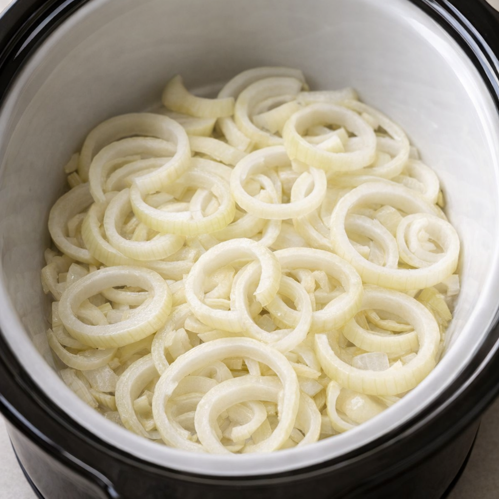 Onion slices layered in the bottom of a slow cooker