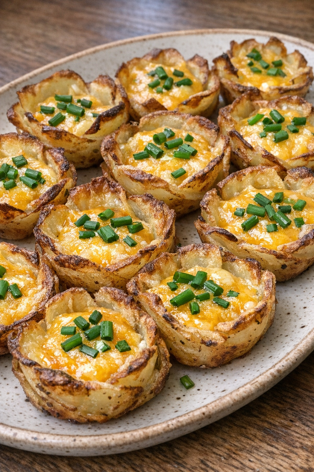 Blooming potato cups filled with melted aged cheddar and chives on an oval platter