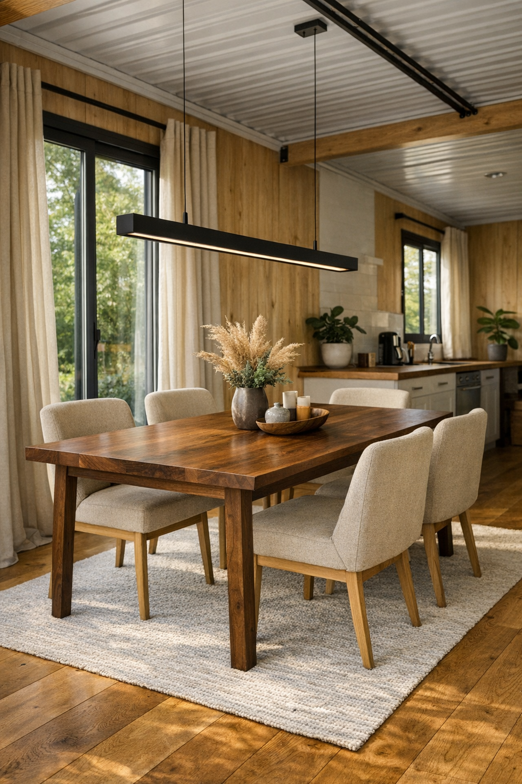 Cozy modern dining room with walnut table, upholstered chairs, and black pendant light
