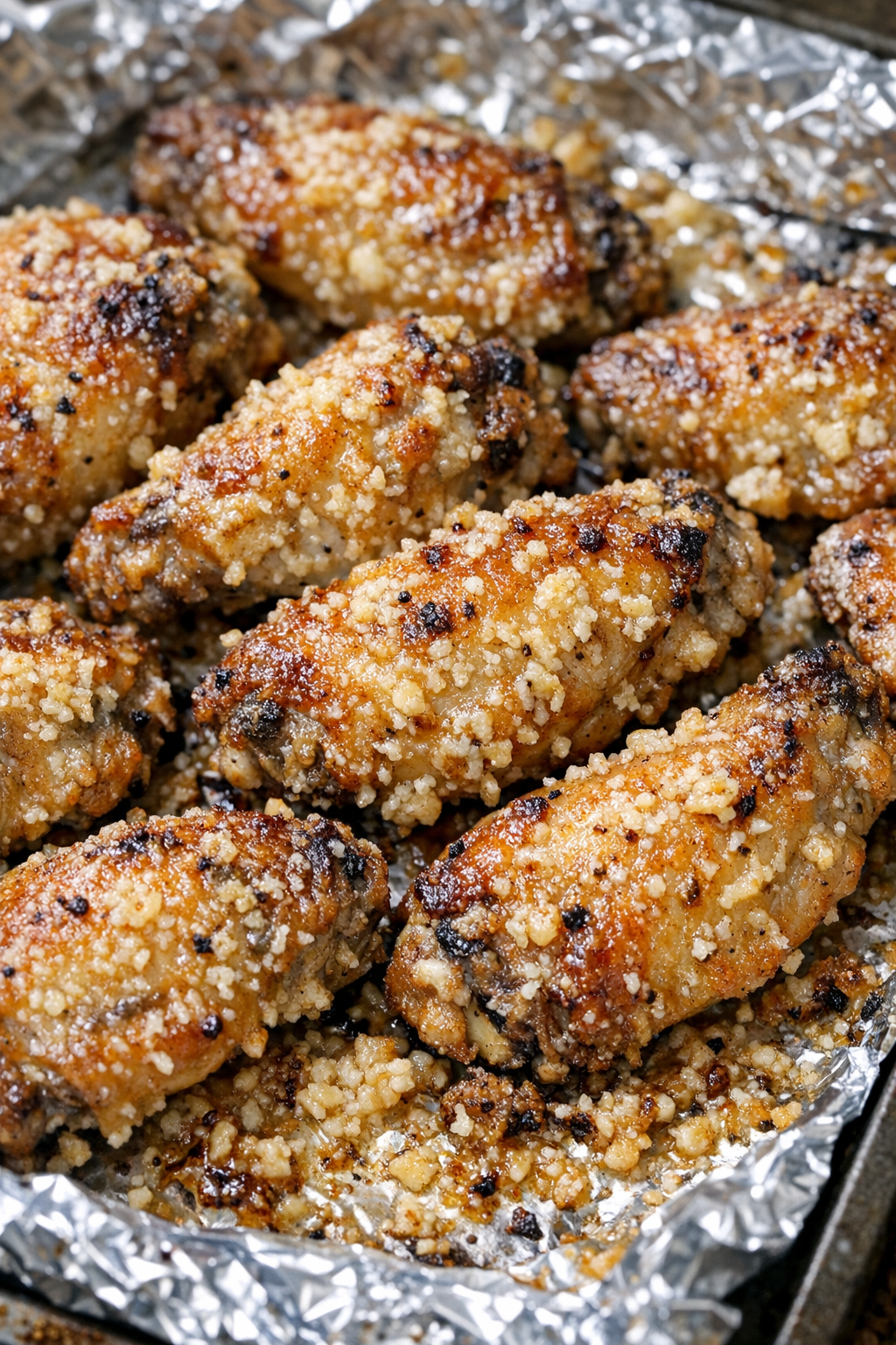 Finished garlic parmesan wing bakes on a foil-lined tray