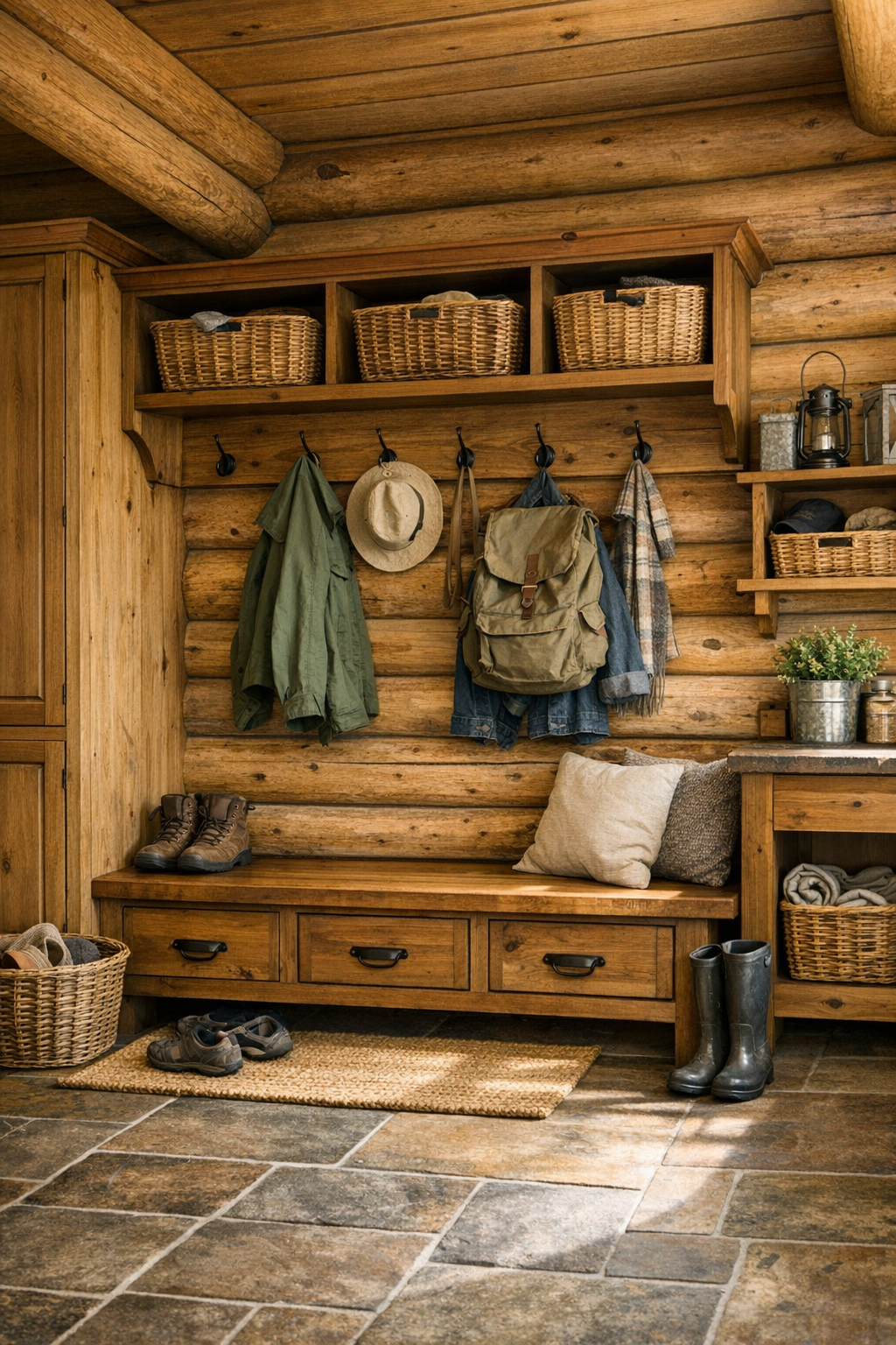 Mudroom and utility area with built-in bench, wood storage, and practical rustic details