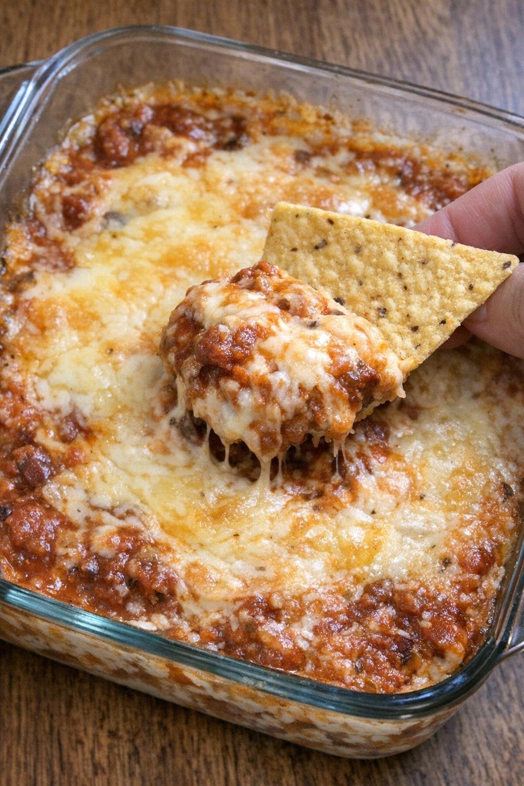 Close-up of warm chili ashcroft dip in a glass casserole dish